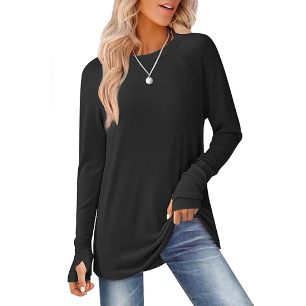 Womens Tunic Tops to Wear with Leggings Long Sleeve Thumb Hole Shirts Crew Neck Curved Hem