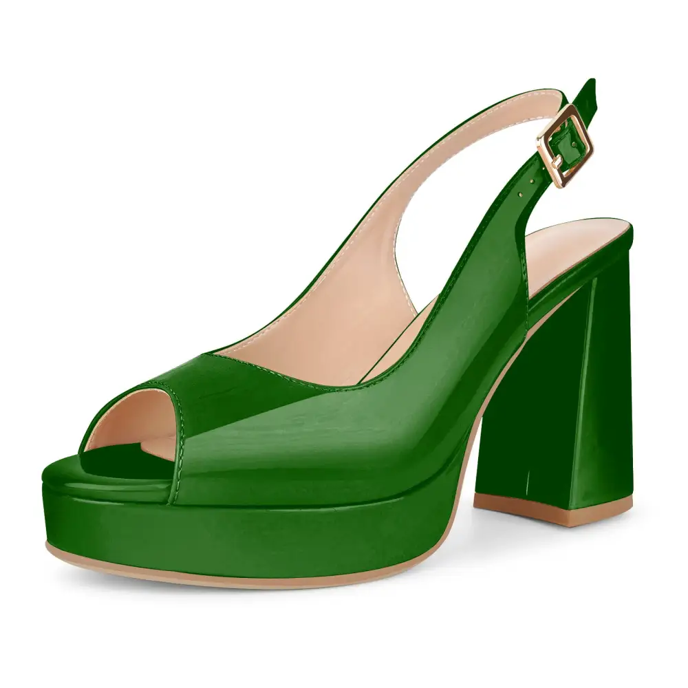 Patent Finish Peep Toe Platform Chunky Heel Slingback Pumps