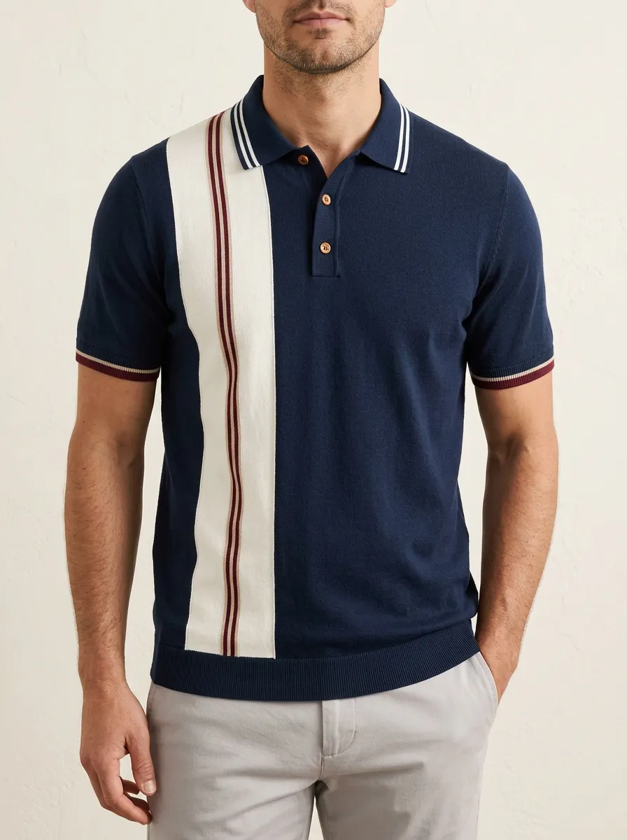 Men's Vintage Retro Style Vertical Stripe Printed Polo Shirt