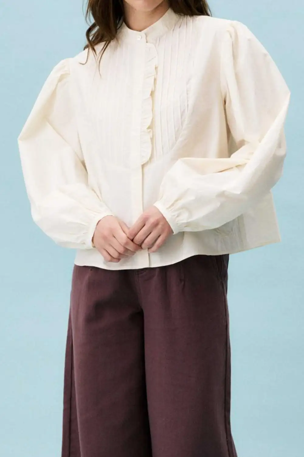 Button Down Collared Ruffle Pleated Shirt