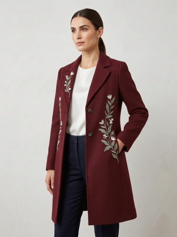 Women's Floral Embroidered Grey Wool Coat