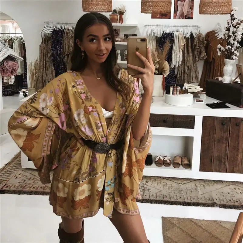 Floral Print Bat Sleeve Kimono Dress