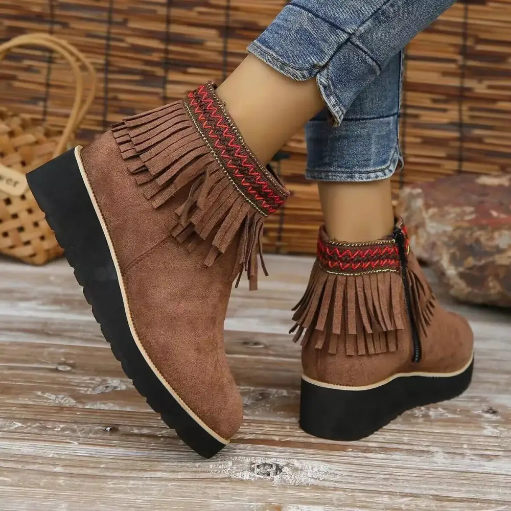 Fringe Round Toe Ankle Boots