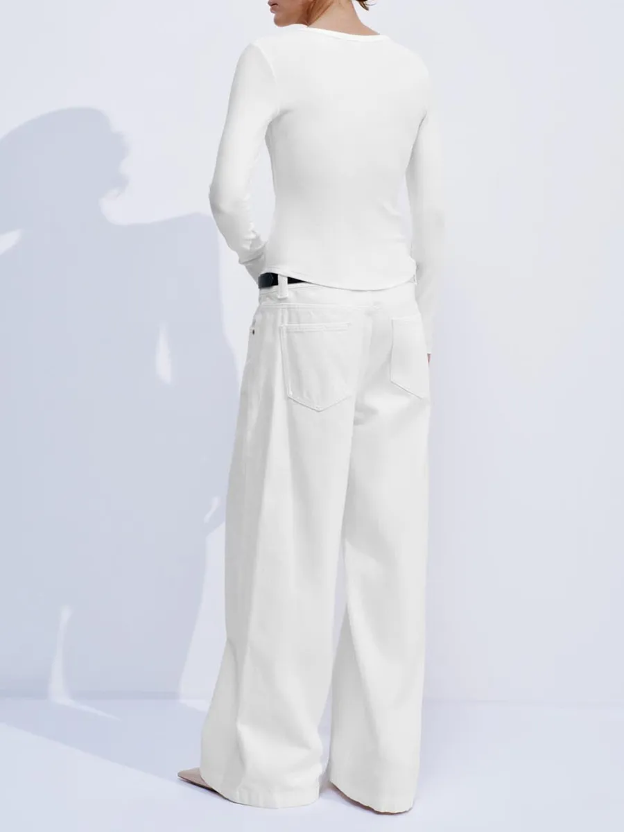 Lady's White Split Round-Neck Casual Style Fitted Long-Sleeved T-Shirt