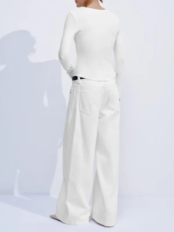 Lady's White Split Round-Neck Casual Style Fitted Long-Sleeved T-Shirt