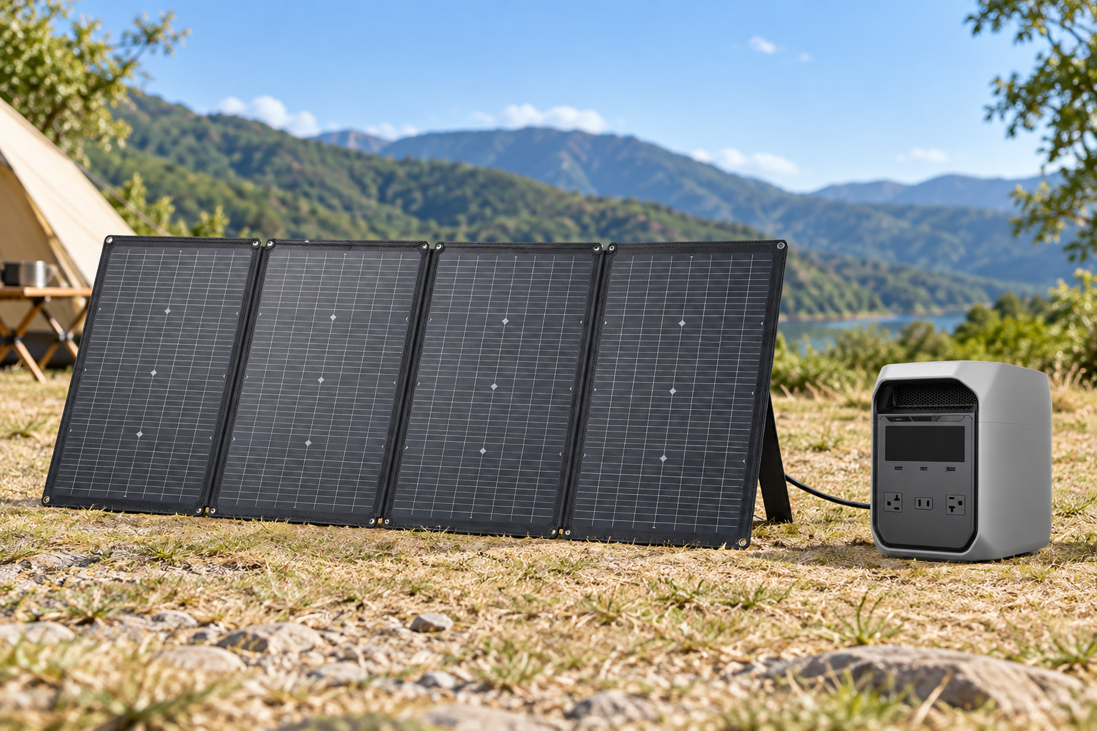 Unfolded four-section solar panel beside a portable power station outdoors
