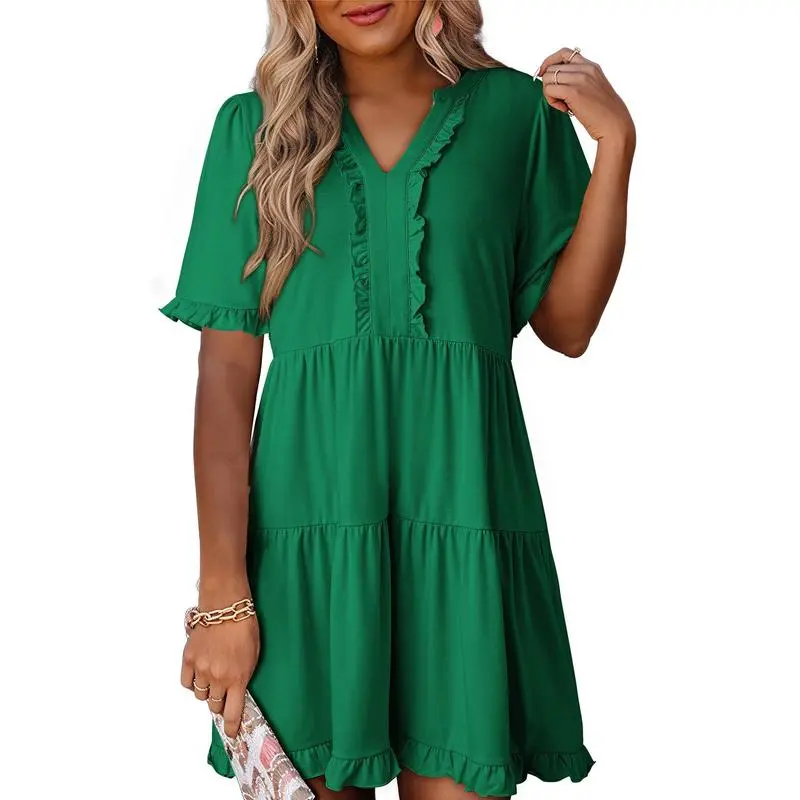 Womens Dresses 2025 Summer Spring V Neck Ruffle Short Sleeve Casual A-Line Flowy Swing Shift Dress Mini Dress