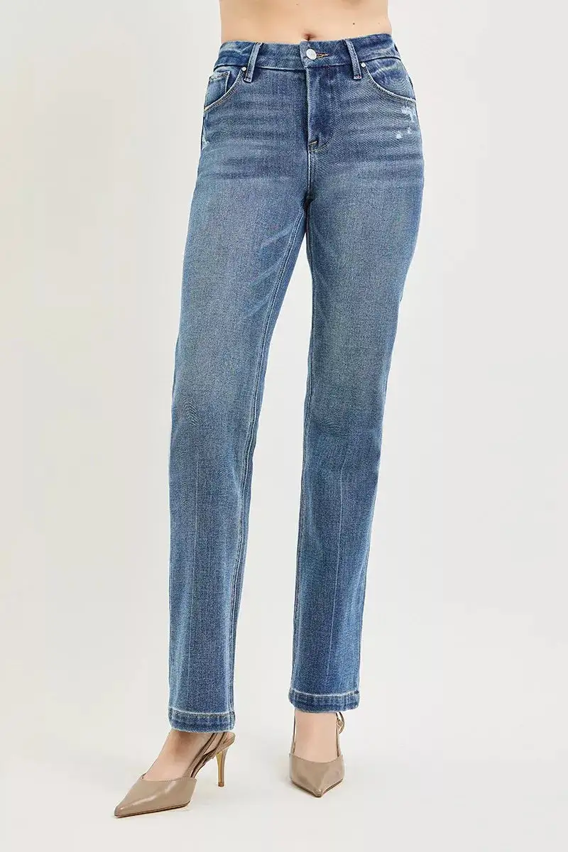 Mid-Rise Relaxed Washed Crease-Line Straight Leg Jeans