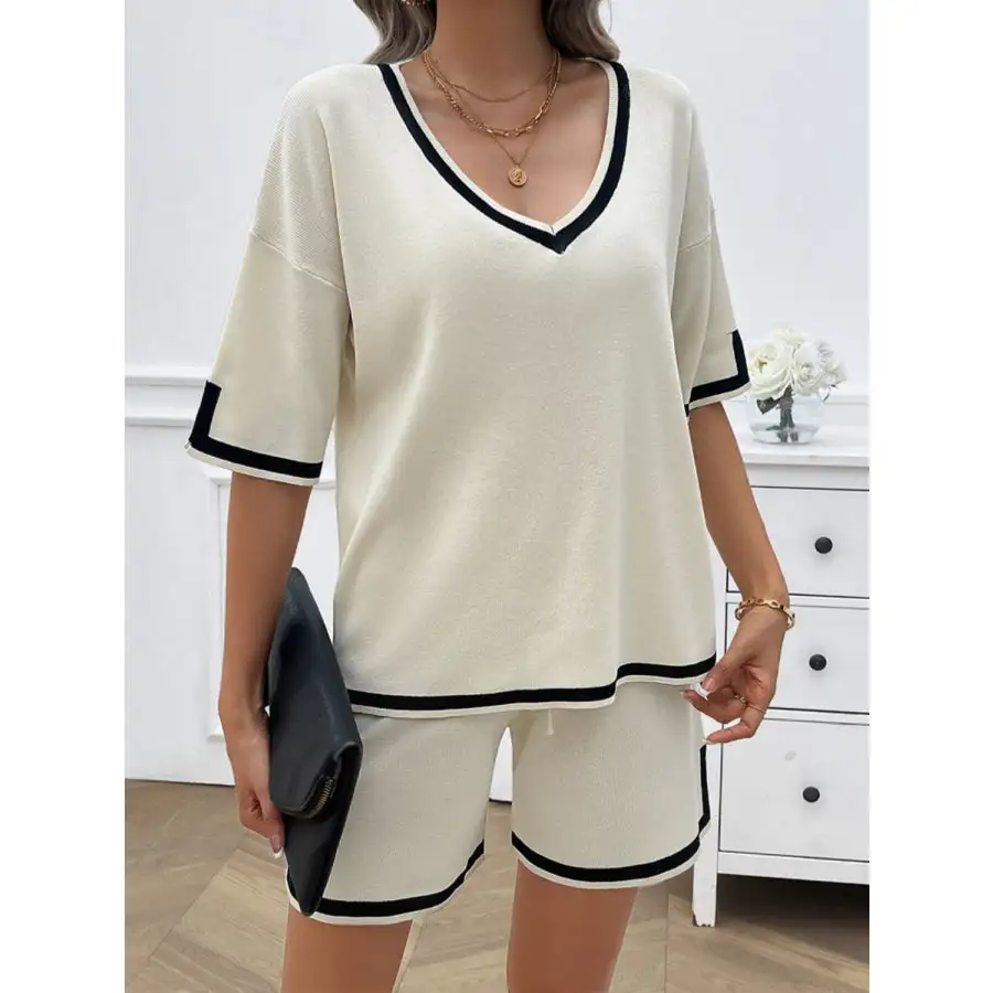 Contrast Trim V Neck Top and Shorts Set
