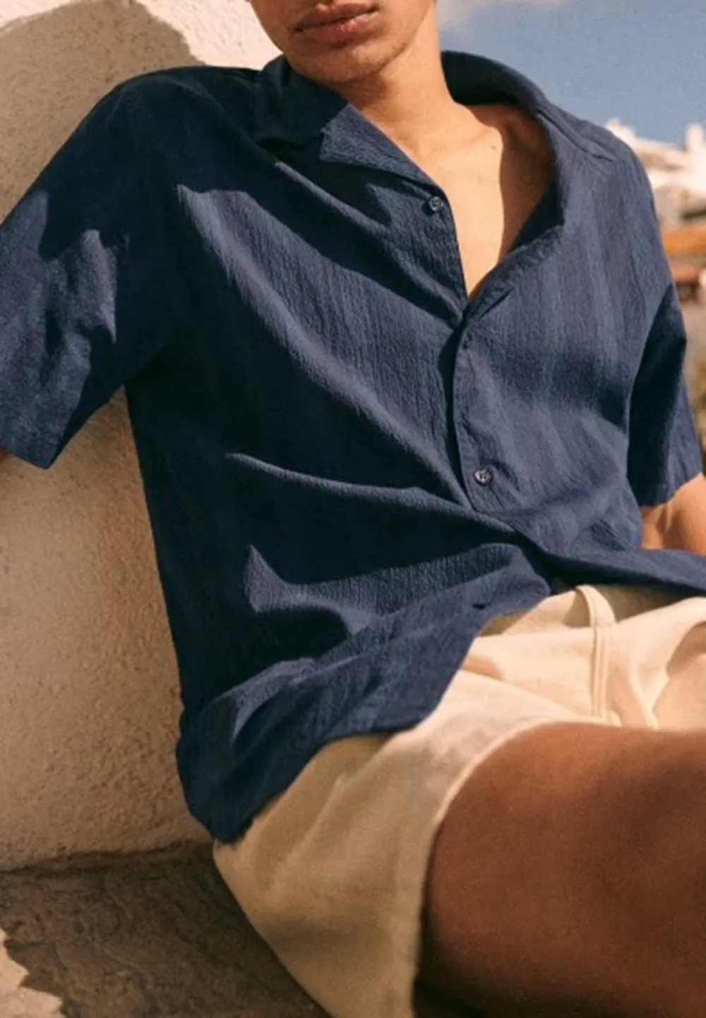 Navy Blue Solid Seersucker Short Sleeve Camp Shirt