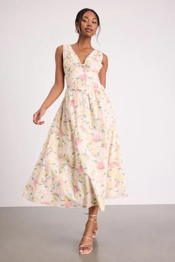 Lettie Ivory Multi Floral Poplin Plunge Neck Midi Dress