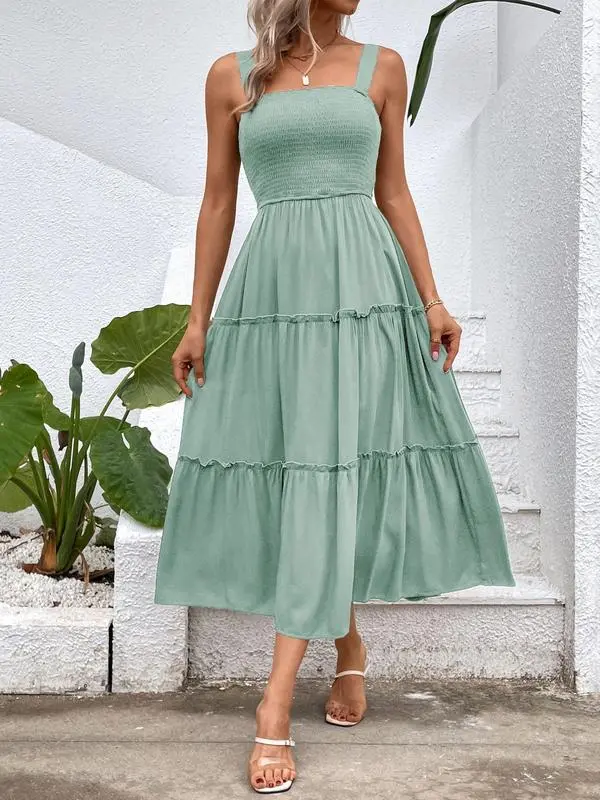 Women'S Frill Trim Ruffle Hem Shirred Backless Sundress Cami Dress, Sleeveless A Line Long Dress, Women'S Clothing For Summer Beach Holiday, Boho Clothes Women, Vintage Girly Clothes,