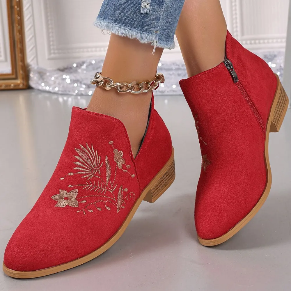 Embroidered Suede Pointed Toe Block Heel Boots