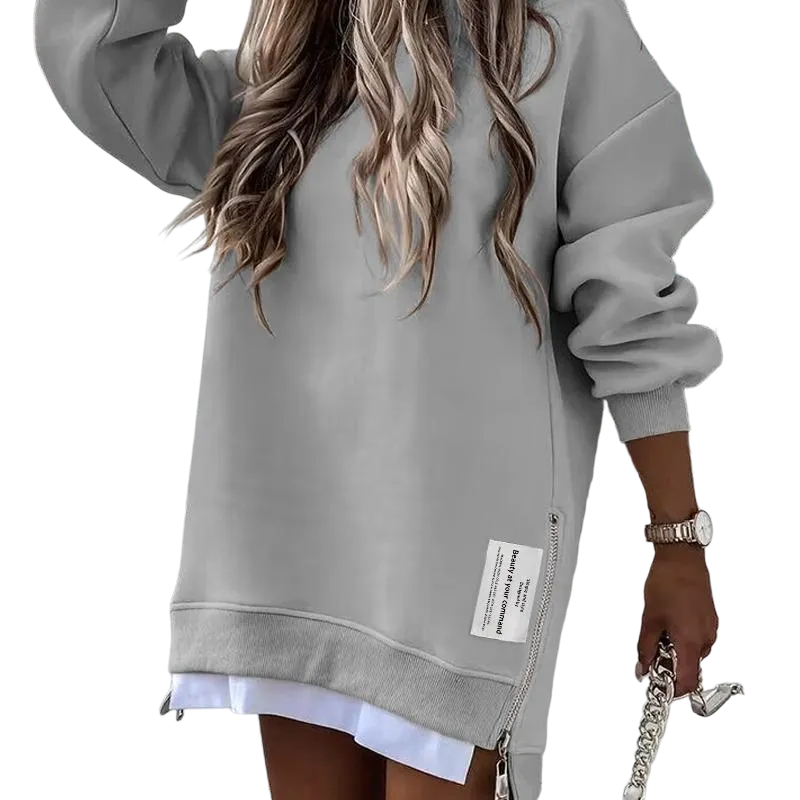 Womens Long Sleeve Pullover Sweatshirt Zipper Slit Casual Dress