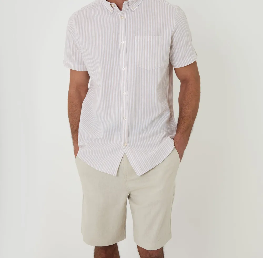 Men's Stone Stripe Linen Cotton Blend Short Sleeve Shirt