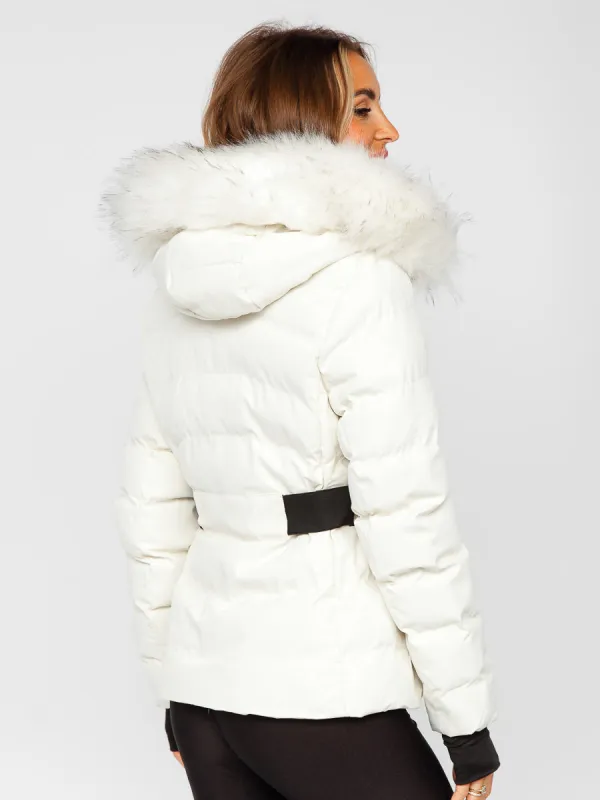White women's quilted winter jacket with hood