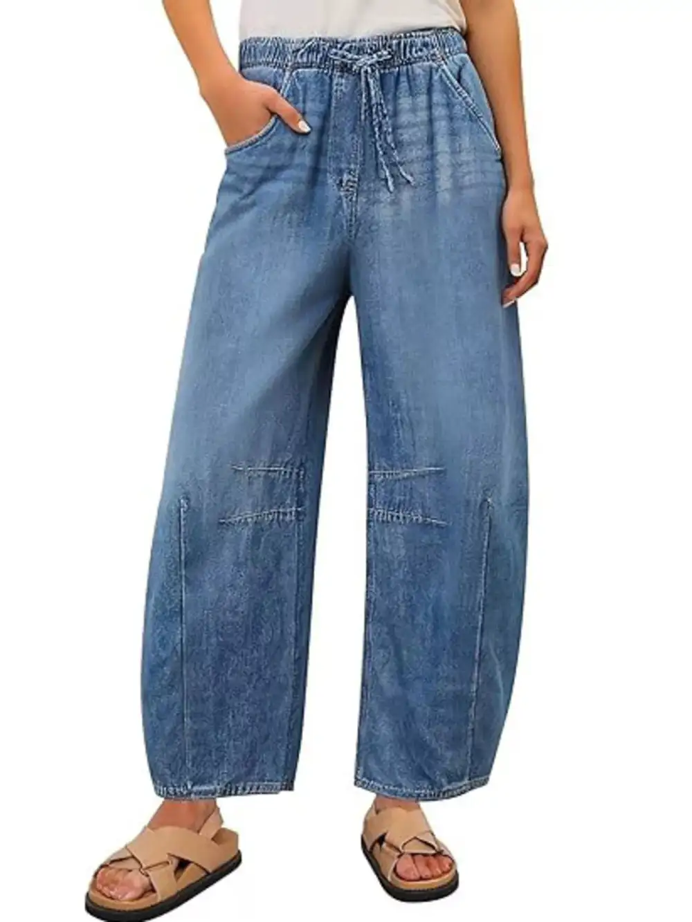 Sharp Wide Leg Elastic Waist Denim Jeans