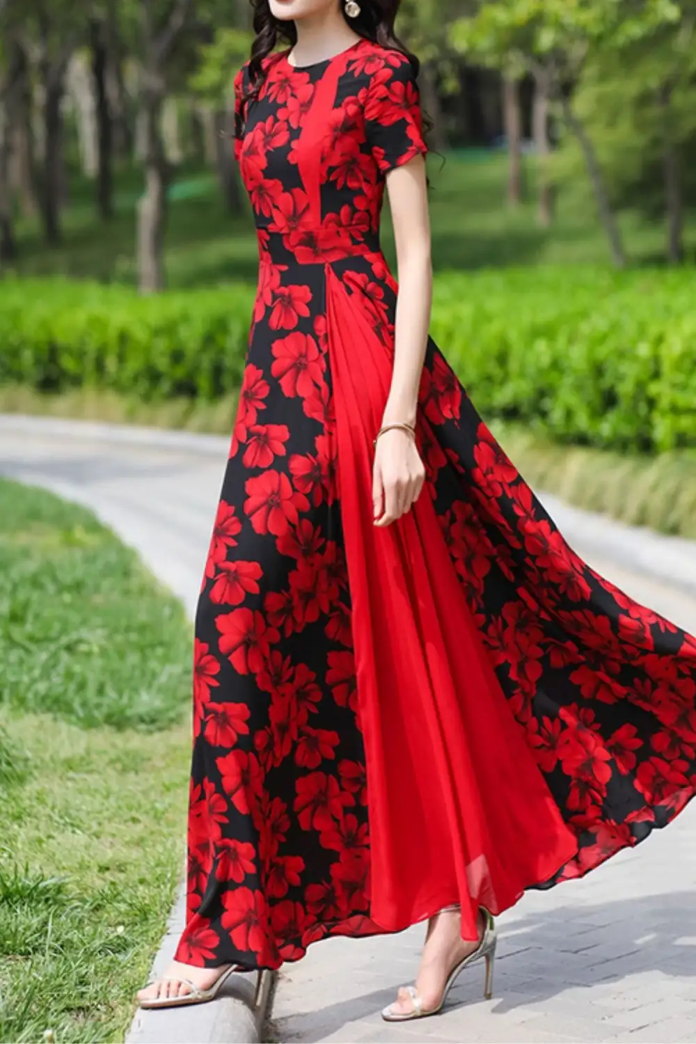 Relaxed Floral Chiffon Short Sleeve Maxi Dress