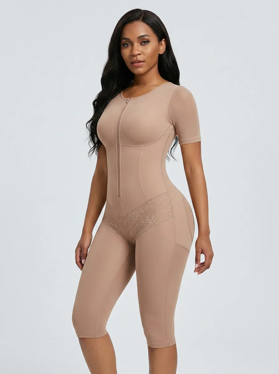 Women's Tummy Control Lace Trim Zip Front Printed Shapewear