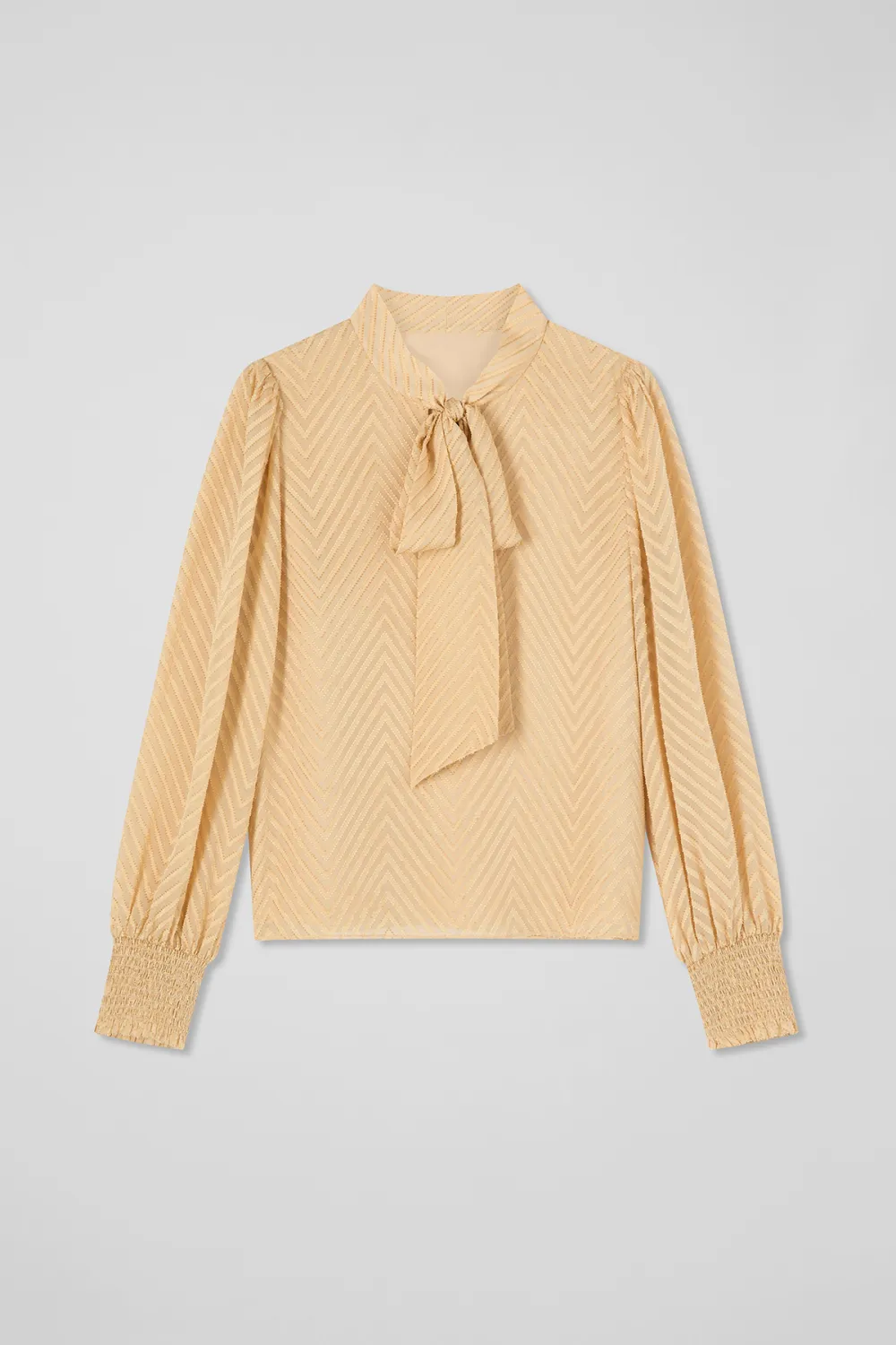 Beige Tie Neck Long Sleeve Textured Blouse