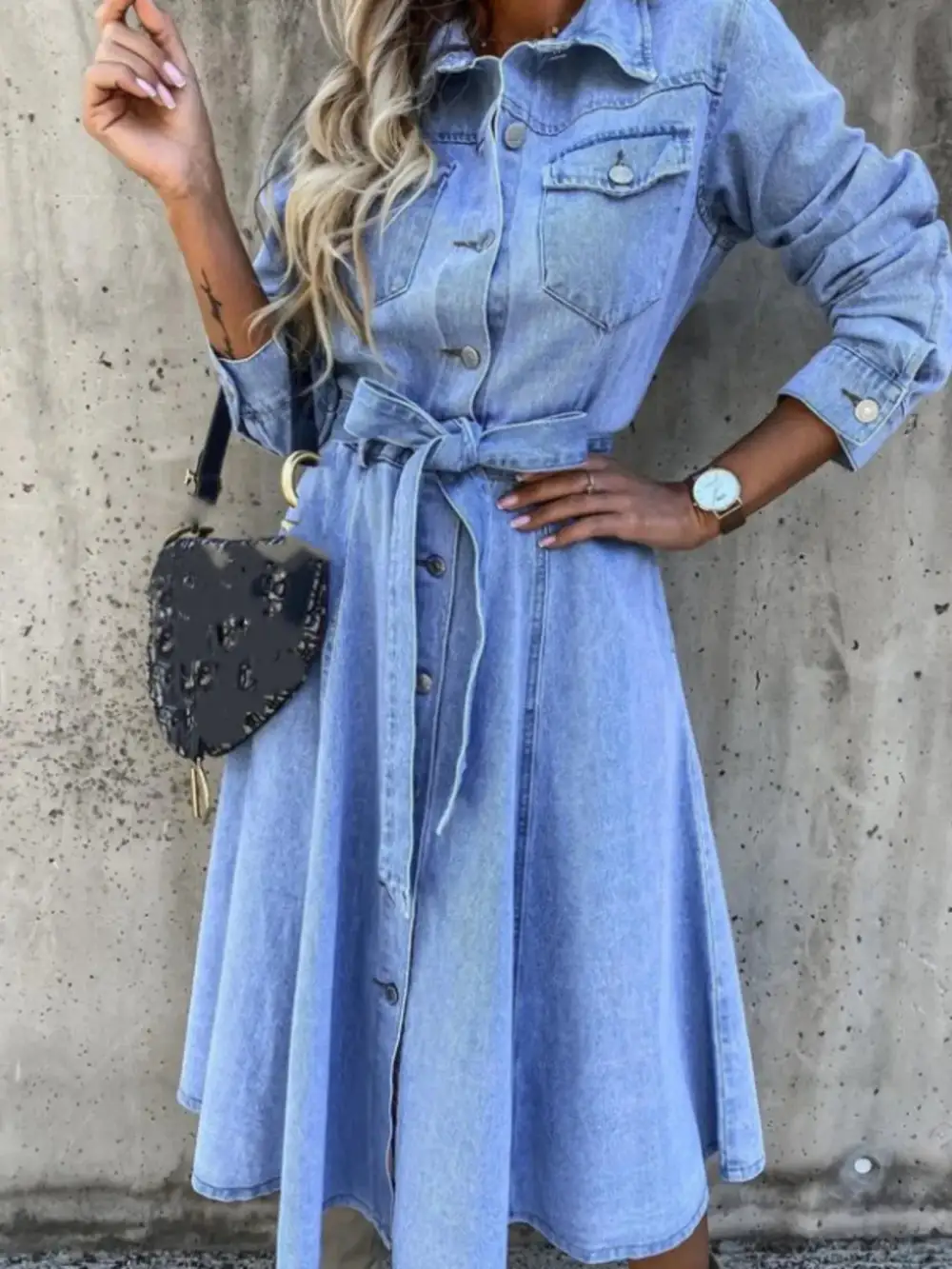 Denim Button Front Tie Waist Shirt Dress
