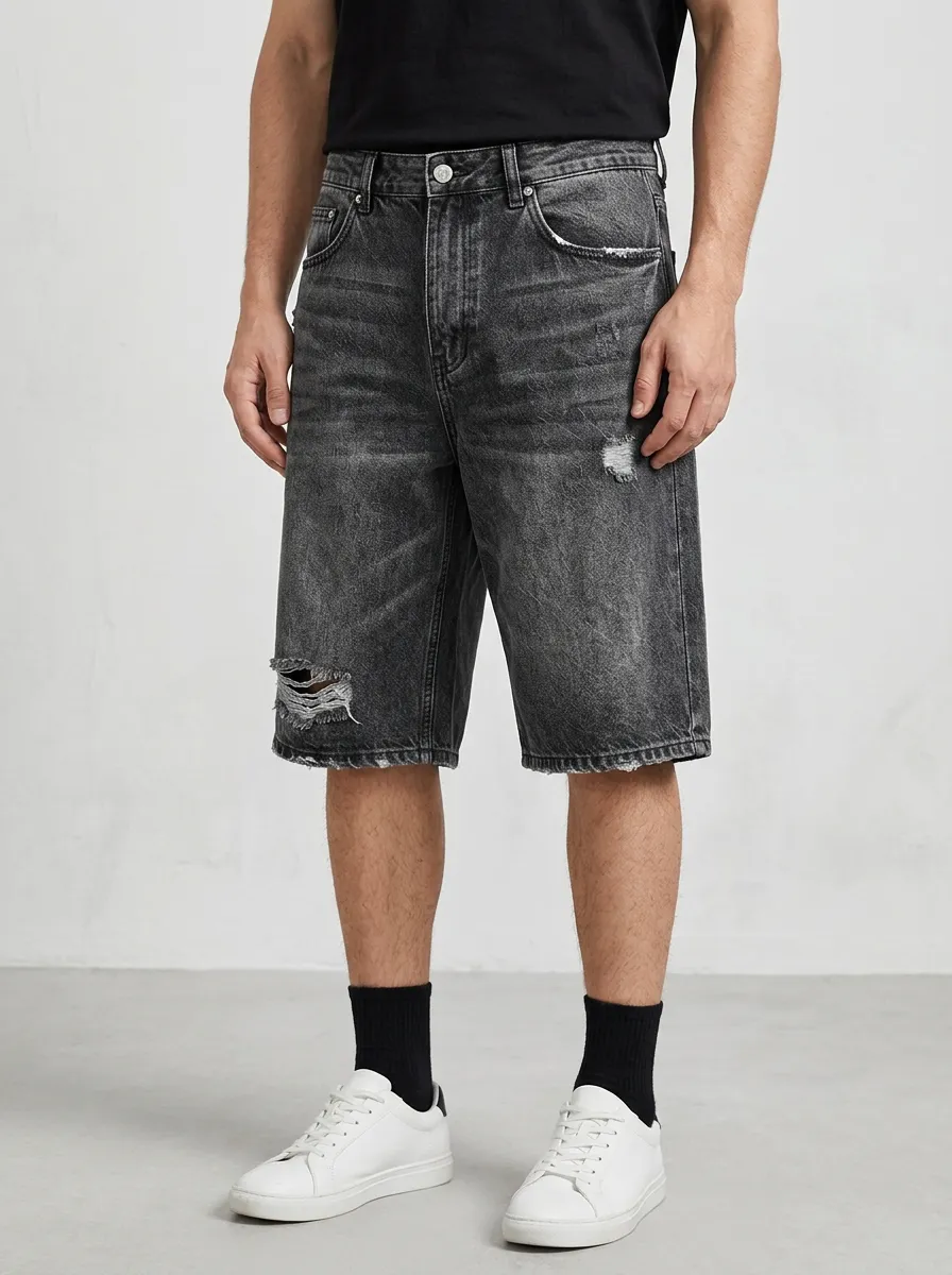 Men's Casual Distressed Raw Hem Street Inspired Distressed Denim Shorts
