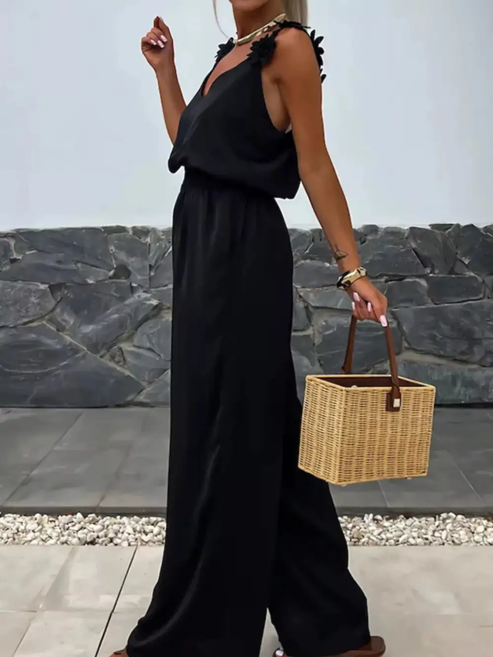 Floral Applique V Neck Wide Leg Jumpsuit