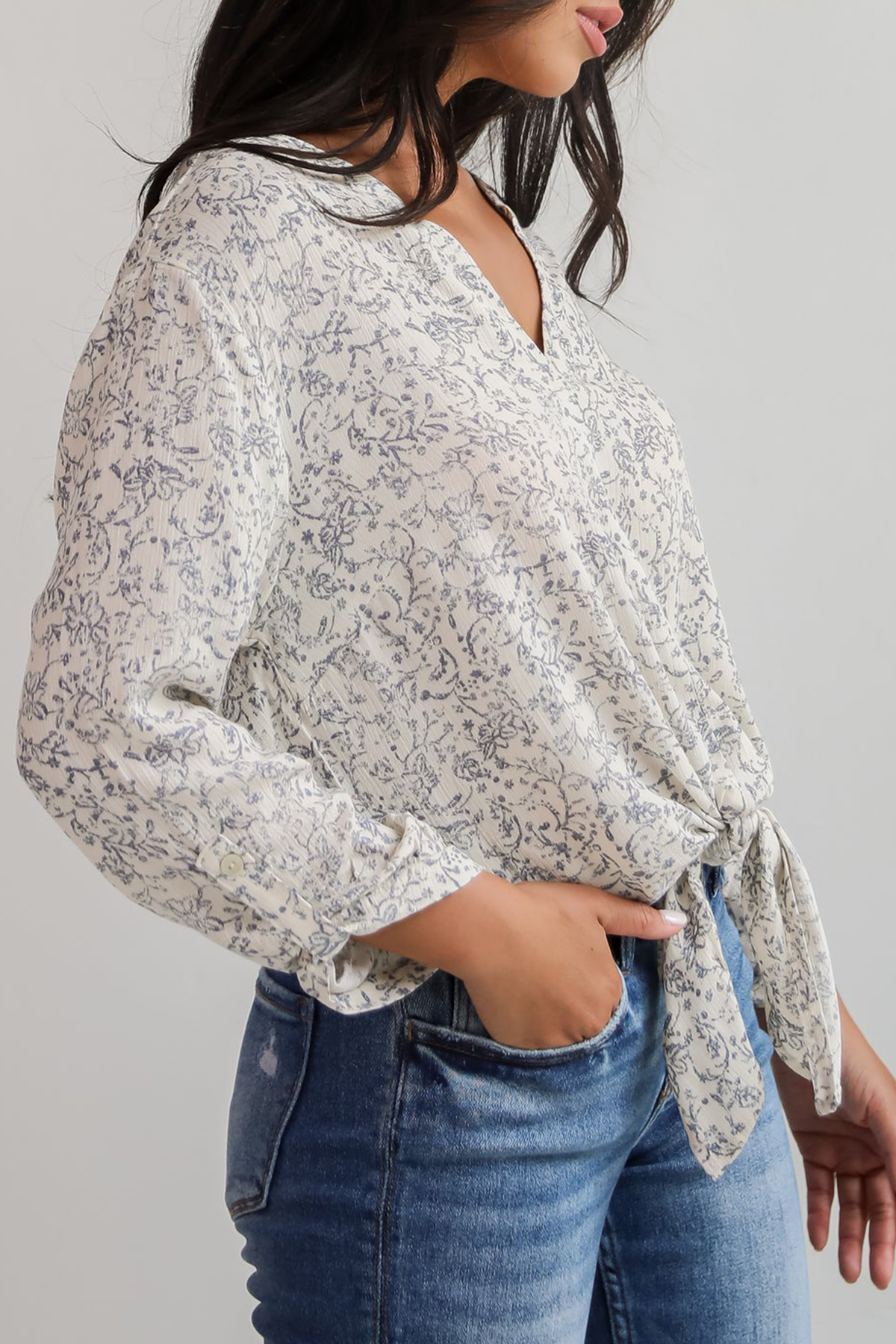 Decadently Sweet Cream Floral Tie-Front Blouse