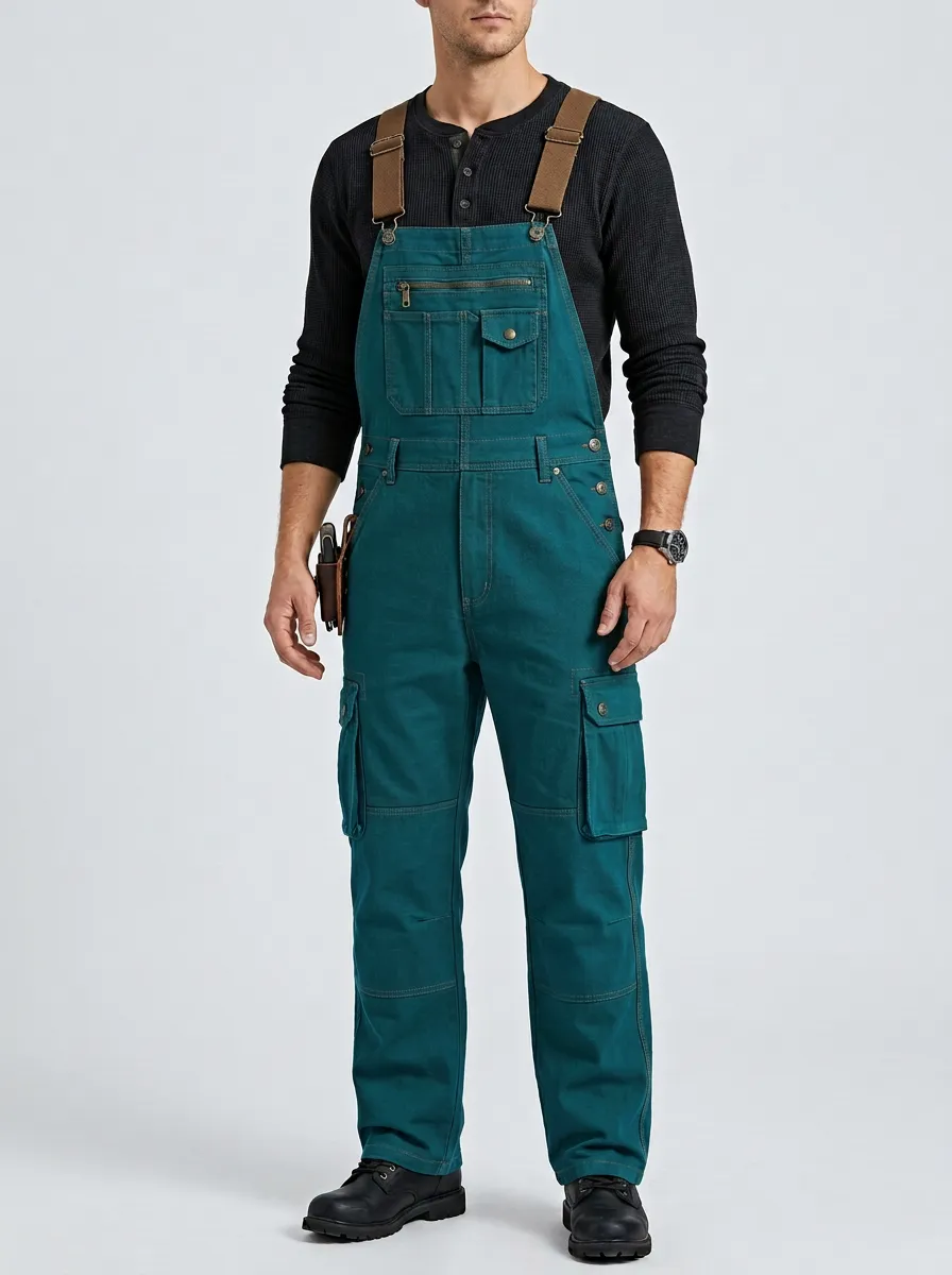Men's Olive Green Multi-Pocket Cargo Overalls