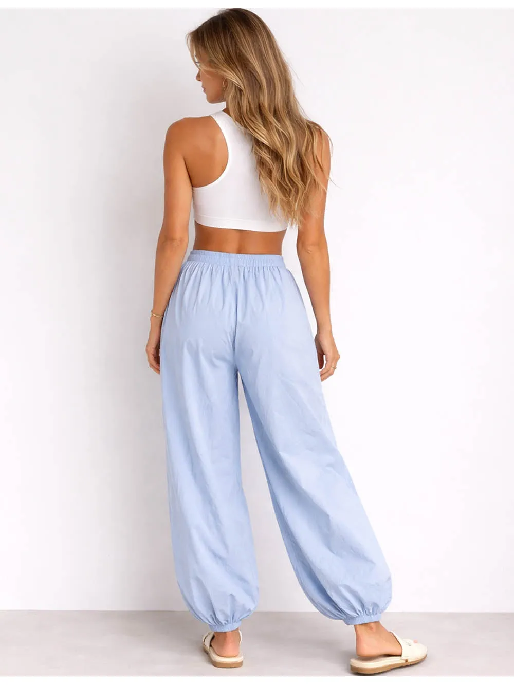 Solid Color Elastic Waist Drawstring Lantern Pants