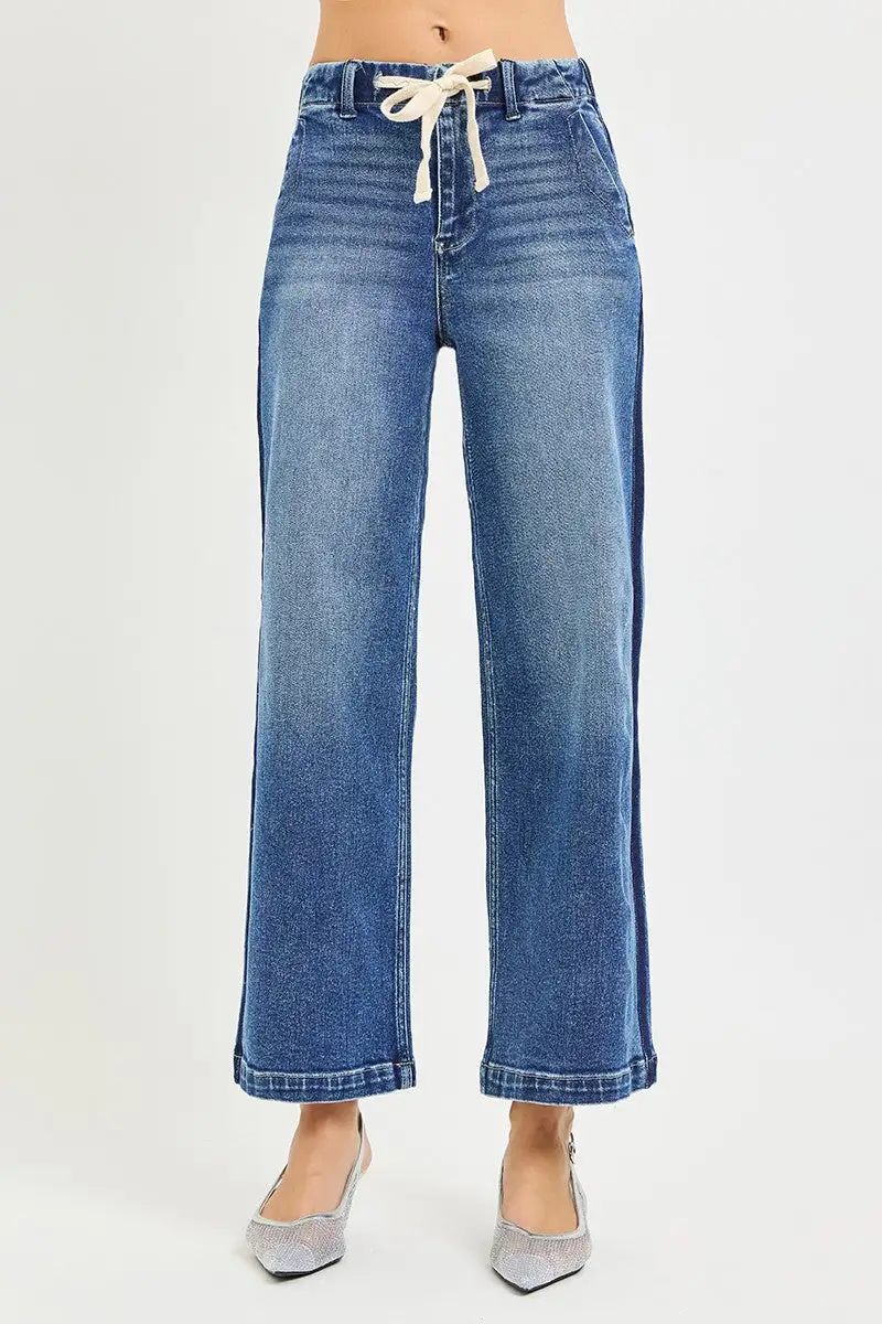 High Rise Drawstring Elastic Waist Wide Leg Jeans