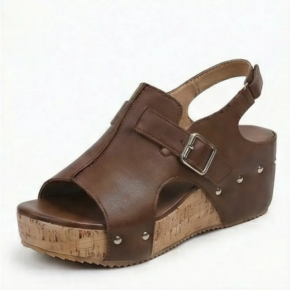 Retro Cork Wedge Sandals with Rivet Detail