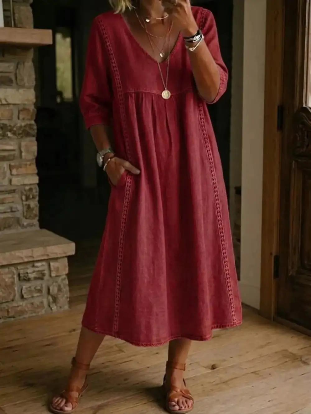 V-Neck Three Quarter Sleeve Pocketed Midi Dress