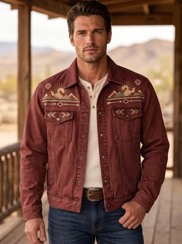 Men's Western Cowboy Sun Geometric Mountain Jacket