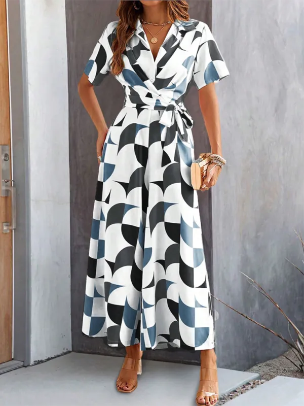 Temperament Short Sleeve Contrast Print High Shorts