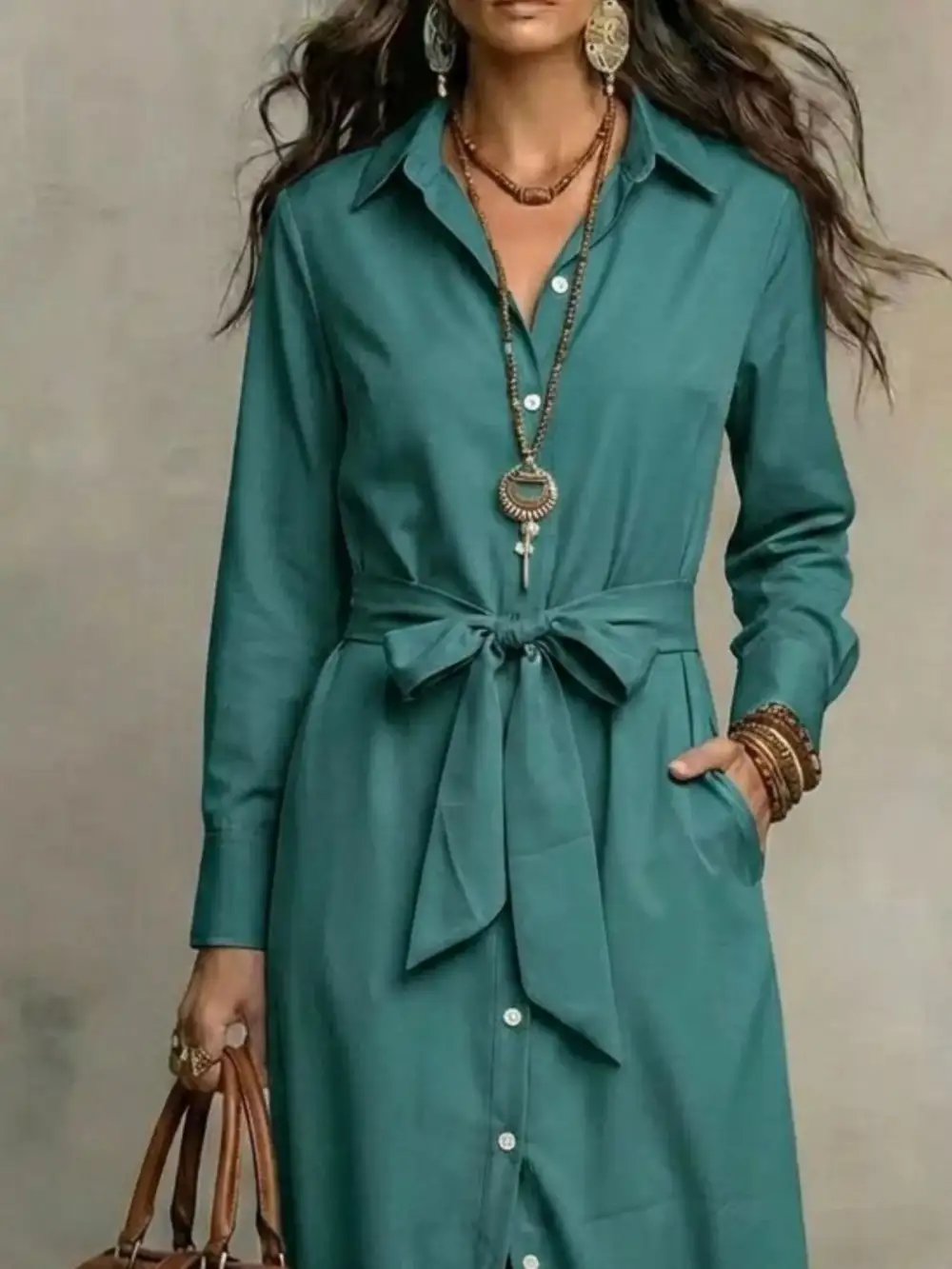 Tie Waist Long Sleeve Shirt Dress