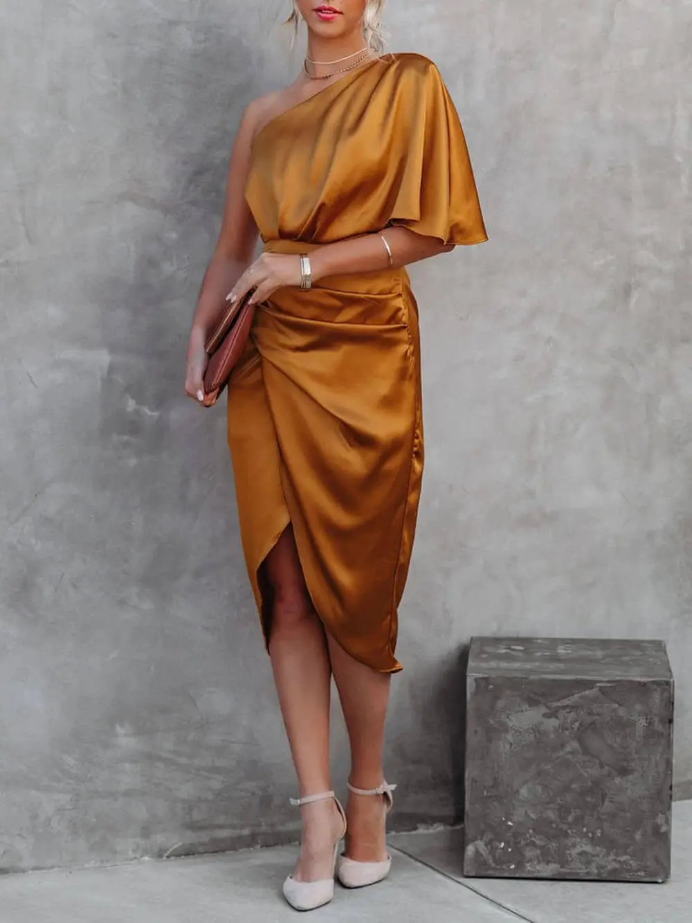 Single Sleeve Irregular Evening Midi Dress