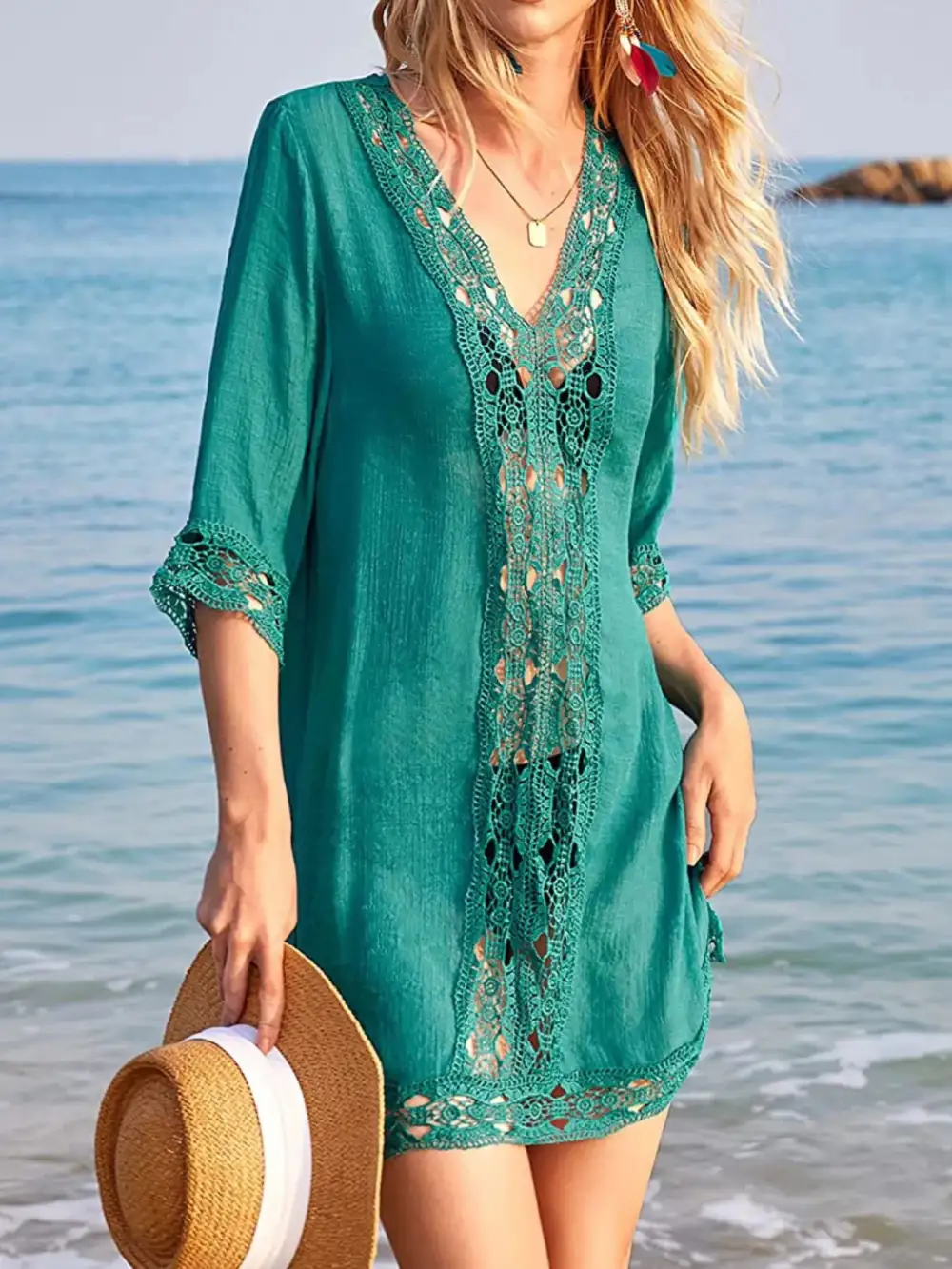 Lace Trim V Neck Swim Cover Up