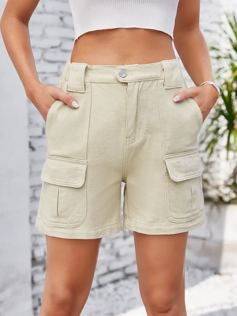 Khaki Waist Washed Denim Shorts