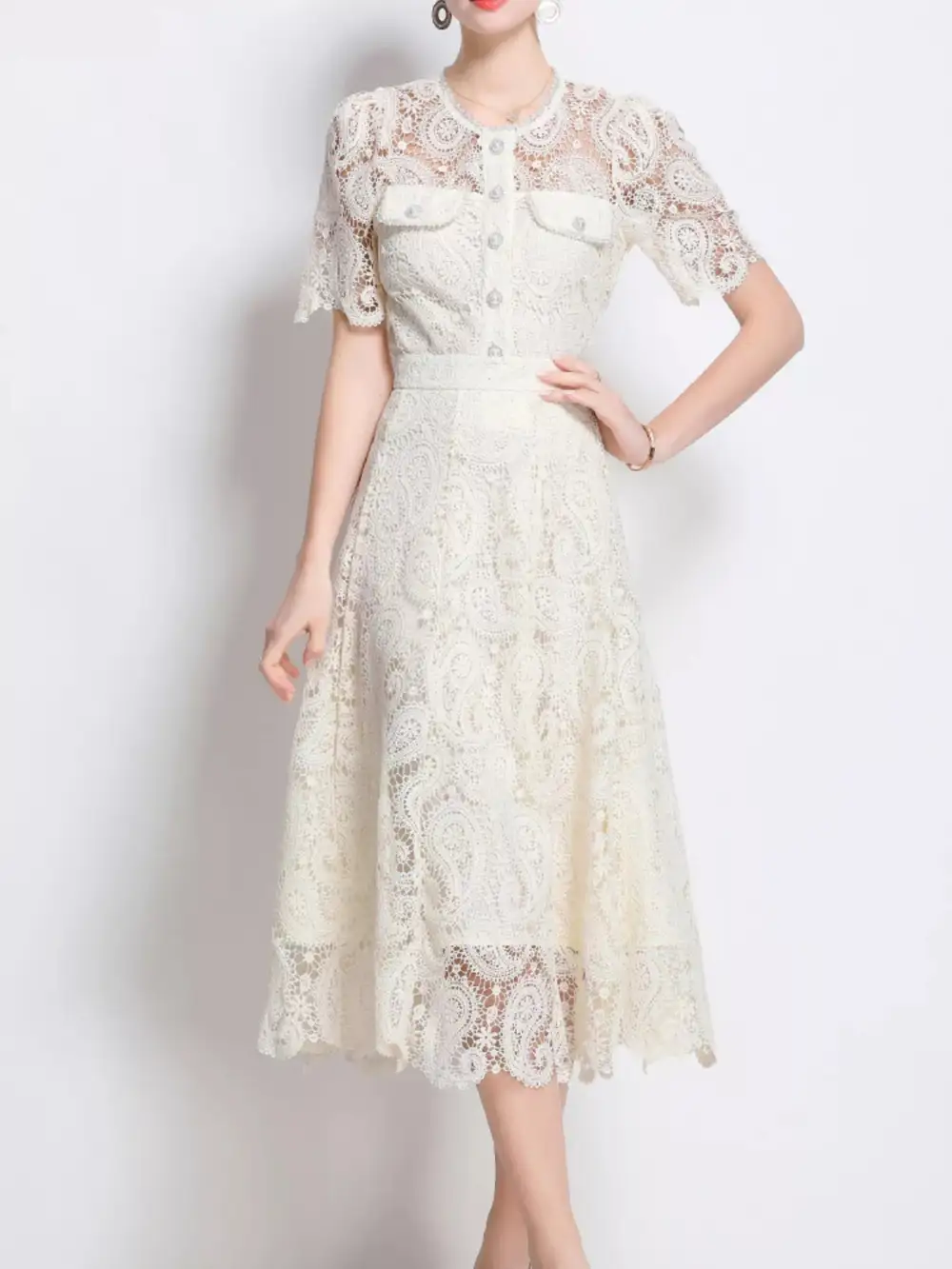 Draped Button Front Lace Detail Coordinated Set