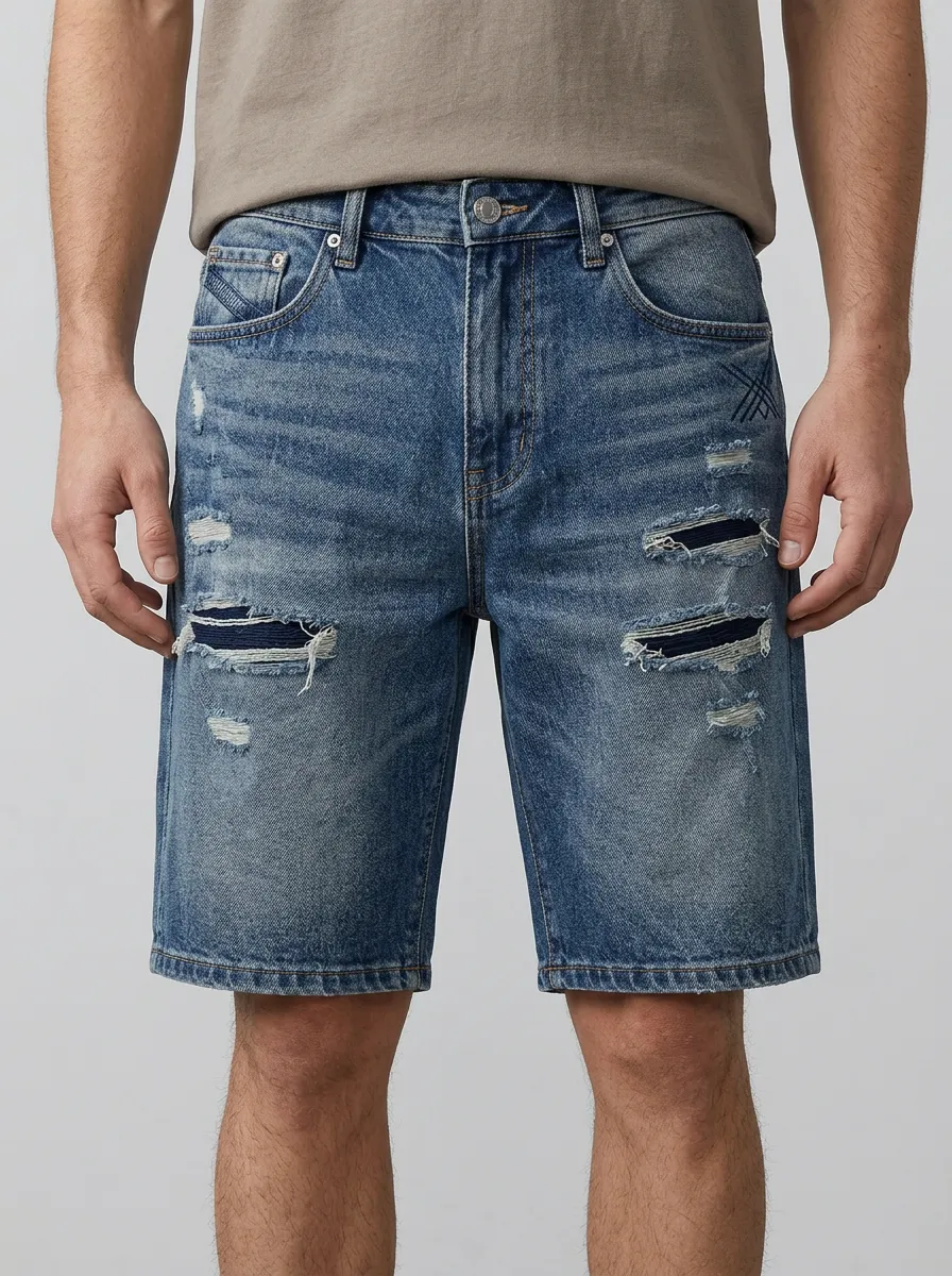 Men's Relaxed Patchwork Distressed Raw Hem Street Inspired Distressed Denim Shorts