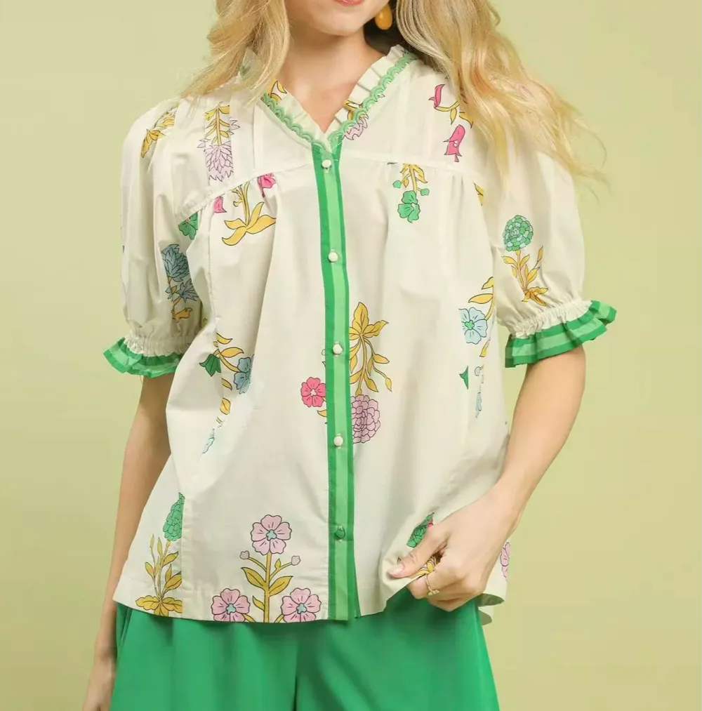 Casual Petal Parade Print Button Down Blouse