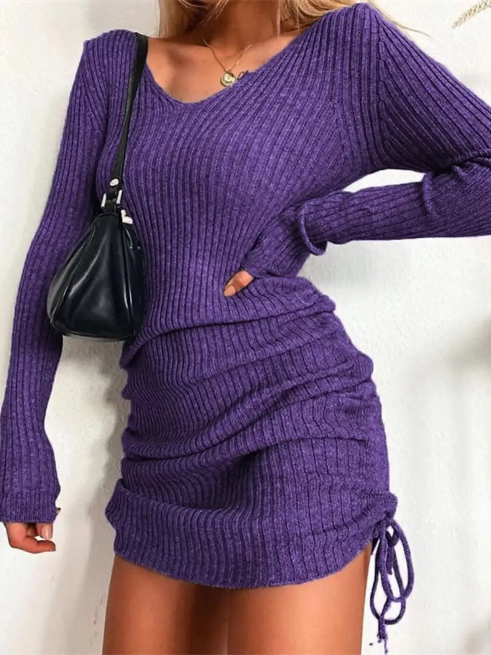 Ribbed Knit Drawstring Sweater Dress