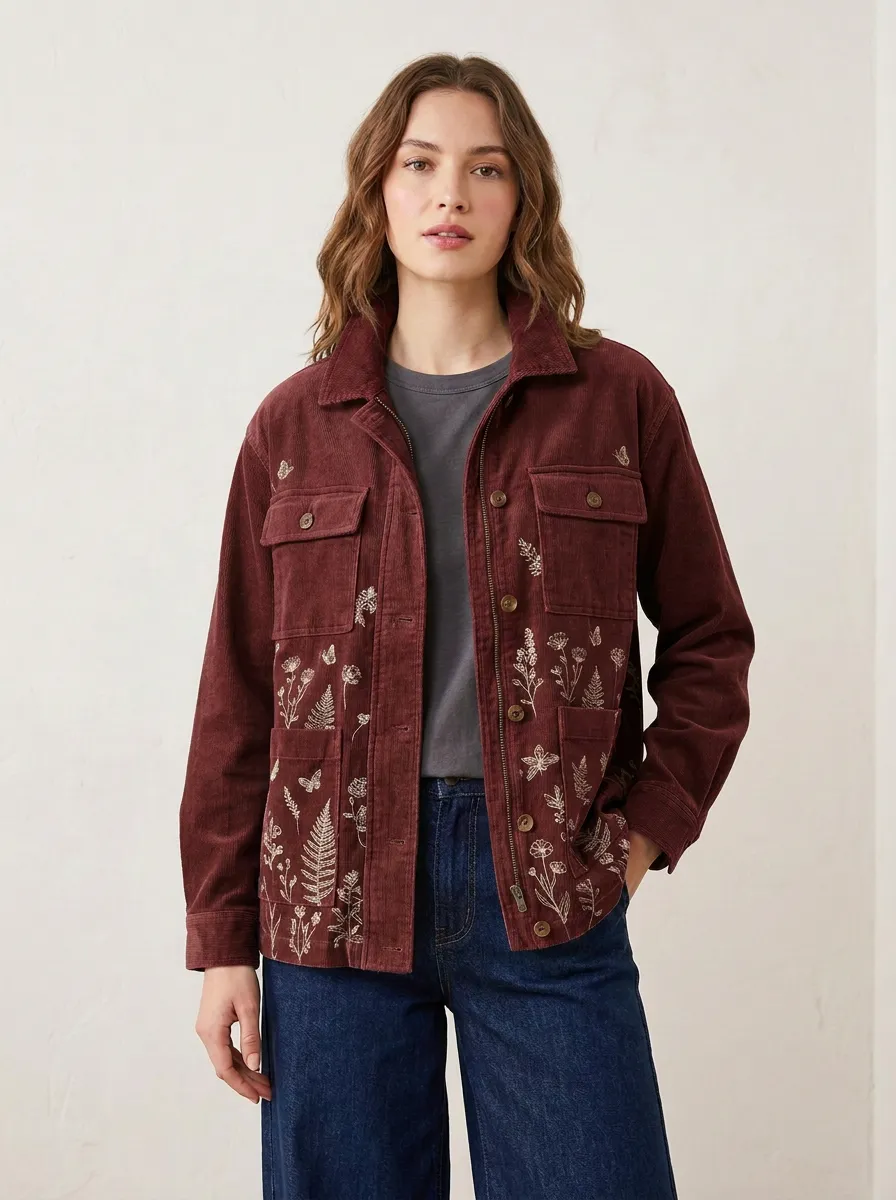 Women's Botanical Fern Floral Printed Corduroy Jacket
