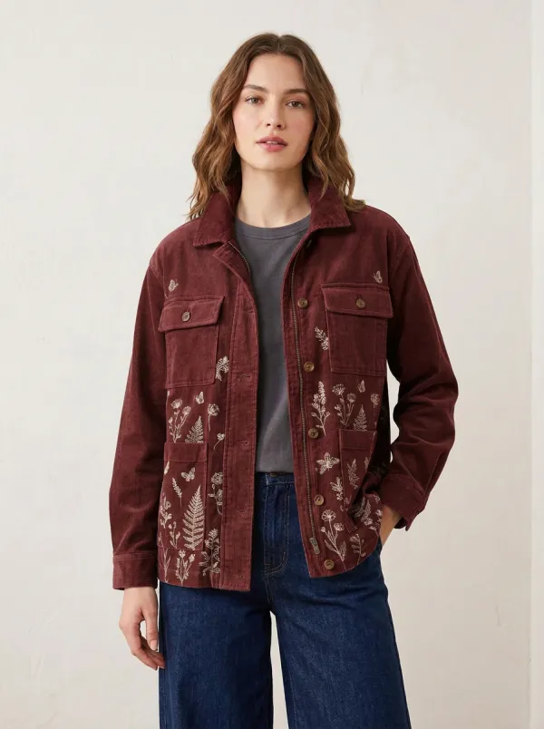 Women's Botanical Fern Floral Printed Corduroy Jacket