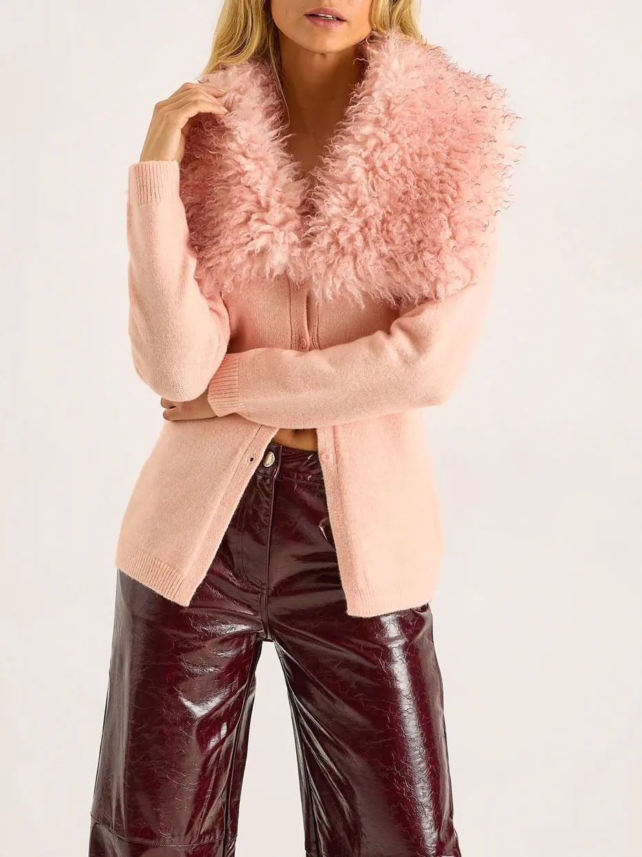 Women'S Pink Fuzzy-Accent Wide-Collar Cardigan