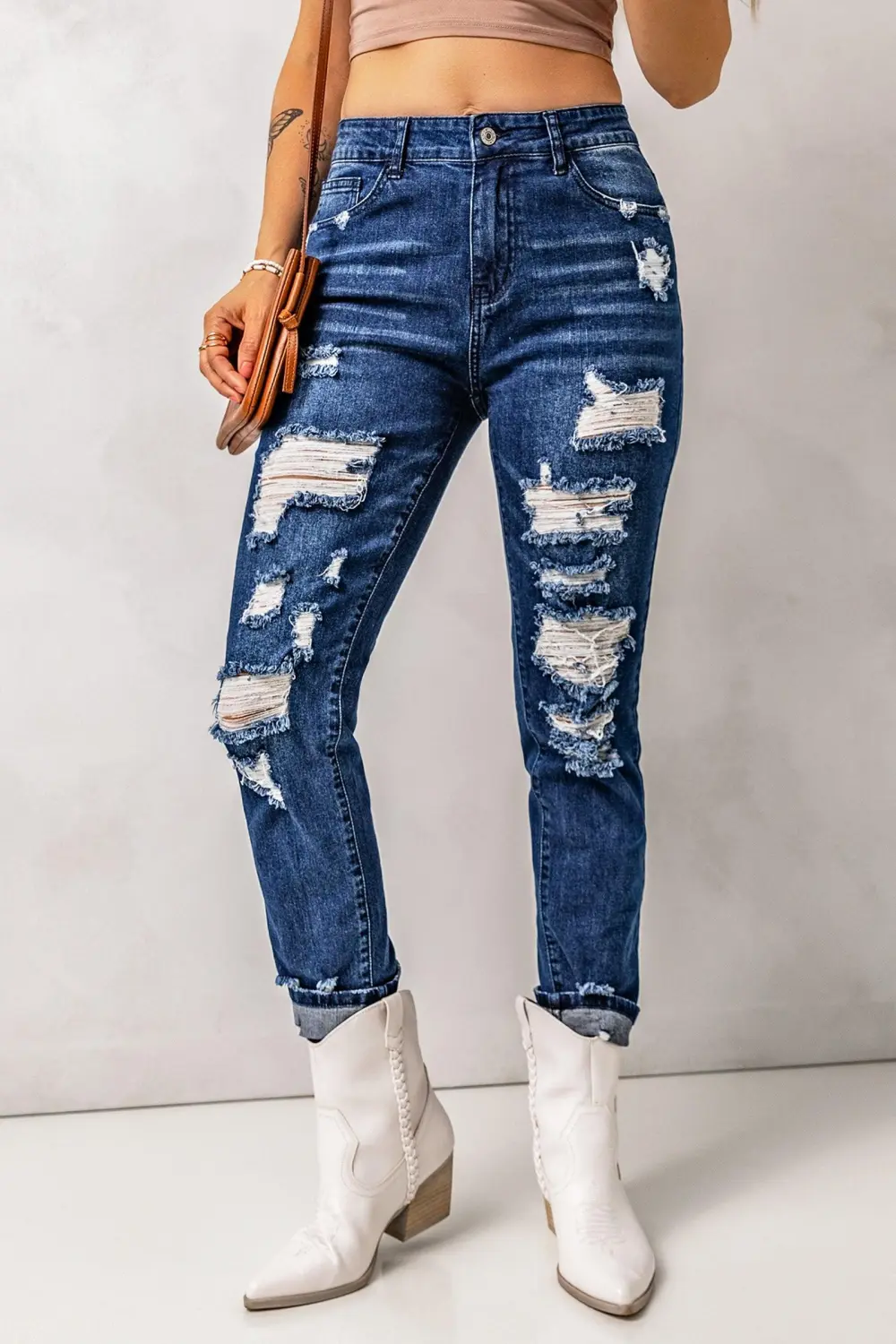 Easy High Waist Distressed Pocketed Denim Shoes