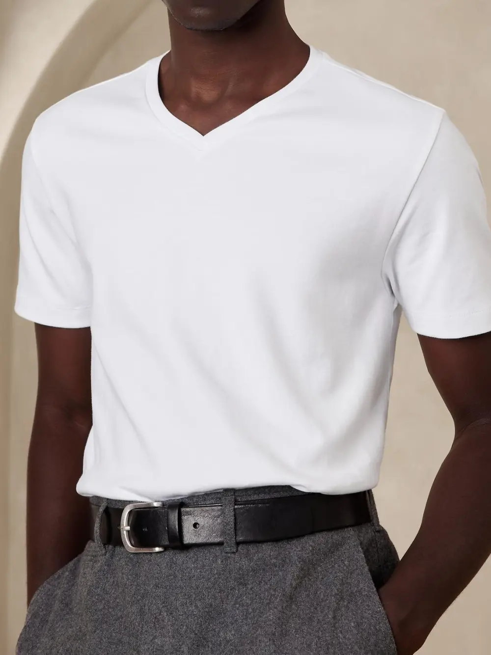 Men's Optic White Simple Cotton V-Neck T-Shirt