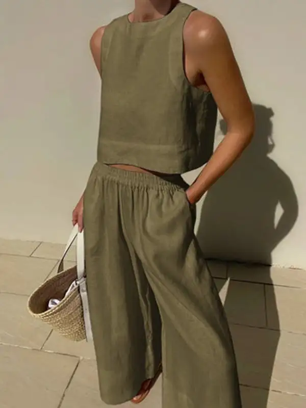 Round Neck Sleeveless Vest And Pants Set