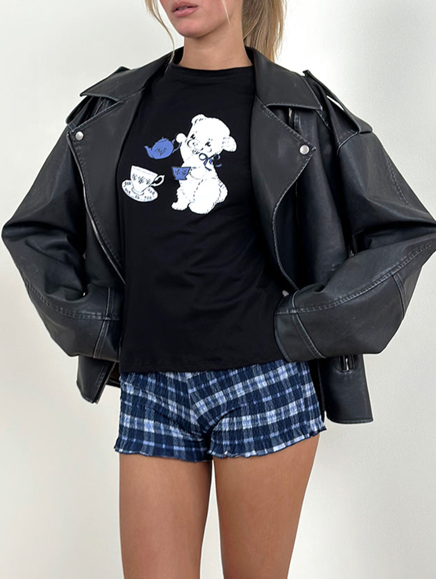 Black With Tea Time Print Tee